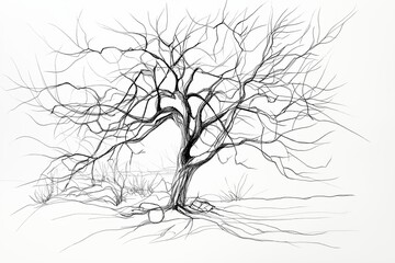 Wall Mural - A black-and-white minimalist line drawing of a leafless tree. 