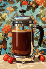 illustration of vintage french press with coffee in watercolor style