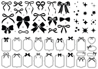 Simple hand drawn black ribbon bow collection. Bowknot for decoration, big set of bowtie. Large retro ribbon illustration set. Set of various cartoon bow knots, gift ribbons. Frames, bows, sparkles