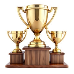 golden trophy cup and awards on wooden stand isolated on white background