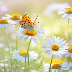 Aufkleber - Beautiful butterfly on a daisy flower in nature outdoors close up macro in spring or summer.