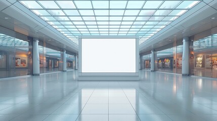 Fototapete - A large empty glass vitrine with white struts standing and a billboard white in a airport centre.
