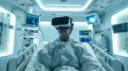 Poster - This person uses virtual reality therapy in a medical facility to enhance healing.