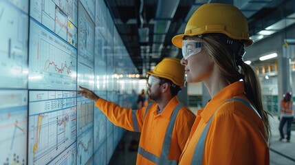 Fototapete - A group of construction professionals gathered around a large screen displaying key performance metrics for a project. They are standing in a meeting room on-site.