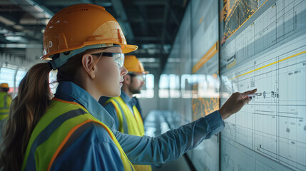 Fototapete - A group of construction professionals gathered around a large screen displaying key performance metrics for a project. They are standing in a meeting room on-site.