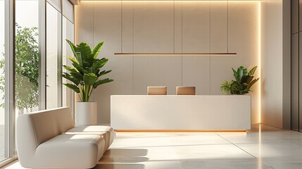 Poster - Elegant small waiting room with a calming atmosphere. A sleek reception desk and a modern style couch, complemented by a green indoor plant nearby.