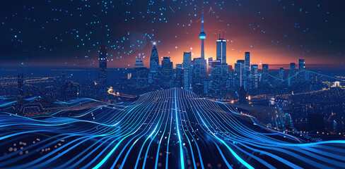 Aufkleber - Cityscape skyline of with black and blue holographic line.