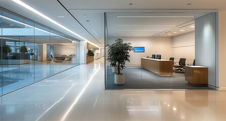 Leinwandbilder - An innovative and modern office interior, sleek design, featuring large glass walls, minimalistic furniture, clean lines, High-tech elements such as large digital screens, interactive displays.
