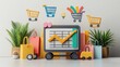 © Jack - Search bar e-commerce growth: A digital search bar with a growth chart icon and shopping carts floating around, set on a plain light background