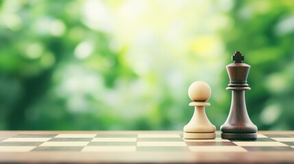 A serene chess scene with a white pawn and a black king on a wooden board, surrounded by a blurred green background, symbolizing strategy and competition.