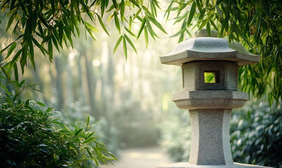 Canvas Print - A serene garden scene featuring bamboo leaves and a stone lantern.