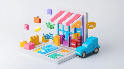  3D Infographic Showing the Growth of E-Commerce in the Global Market