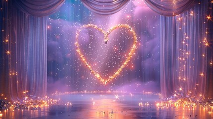 Poster - A stage decorated with a heart and romantic starry sky background, with a light purple background color and a gold crystal border. With a crystal curtain.