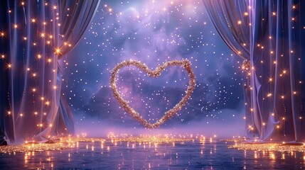 Poster - A stage decorated with a heart and romantic starry sky background, with a light purple background color and a gold crystal border. With a crystal curtain.