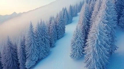 Wall Mural - Winter Wonderland Snowy Forest Road at Sunset with Pine Trees, Perfect for Christmas Vacations