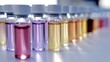 © Natalia - Row of colorful liquid samples in glass vials for analysis.