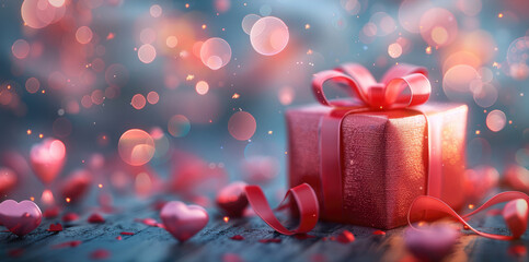 Poster - 3D rendering of a Valentine's Day background with a red gift box, pink ribbon, and heart on a bokeh pastel light backdrop for a love concept design banner.