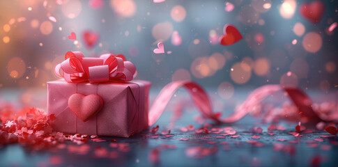 Poster - 3D rendering of a Valentine's Day background with a red gift box, pink ribbon, and heart on a bokeh pastel light backdrop for a love concept design banner.