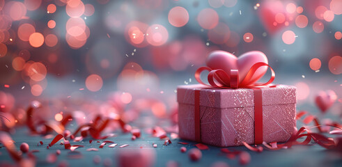 Poster - 3D rendering of a Valentine's Day background with a red gift box, pink ribbon, and heart on a bokeh pastel light backdrop for a love concept design banner.