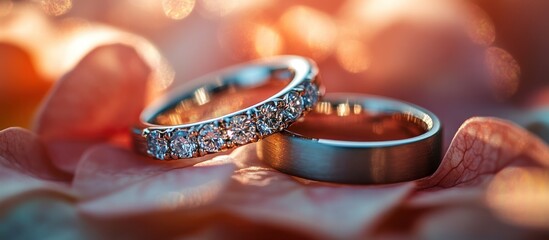 Poster - Close-up of two wedding rings on petals.