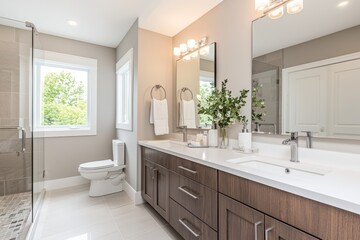 A modern minimalist bathroom featuring a white countertop, natural light, and a sleek, uncluttered design for calmness.