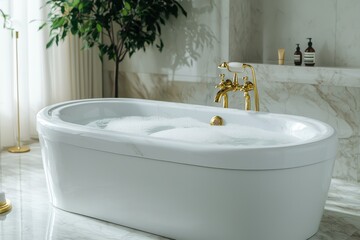 Wall Mural - A modern spa-inspired bathroom featuring a marble countertop, elegant gold fixtures, and a freestanding tub for a serene escape.