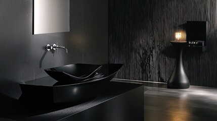 Wall Mural - A monochromatic bathroom featuring a sleek black sink, dark wood accents, and simple lighting creating an elegant design.