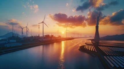 Aufkleber - Solar panels and wind turbines on the background of nuclear power plant with crane, solar energy, coal, port, wind power, green energy and sustainable development concept.