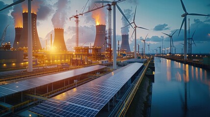 Aufkleber - Solar panels and wind turbines on the background of nuclear power plant with crane, solar energy, coal, port, wind power, green energy and sustainable development concept.
