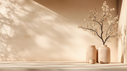 Fototapete - A serene interior scene featuring minimalist vases and a flowering branch, bathed in soft light and gentle shadows, creating a calming atmosphere