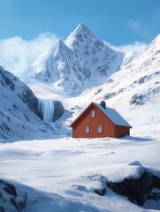 Wall Mural - A serene winter landscape featuring a red cabin surrounded by snow-covered mountains and a waterfall.