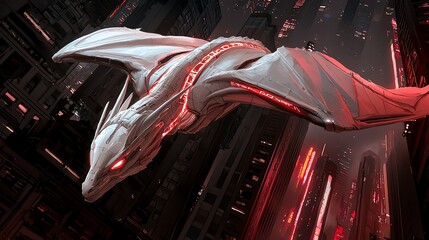 Wall Mural - A sleek, futuristic creature with metallic wings and glowing red accents soars through a cyberpunk cityscape filled with neon lights.