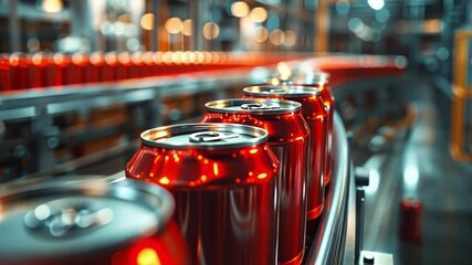Fototapete - This Brightly colored soda cans glide smoothly through a busy production line in a factory setting.