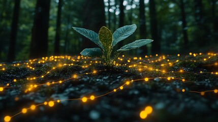 Wall Mural - Fresh green plant emerging from forest ground surrounded by glowing light in a serene natural setting