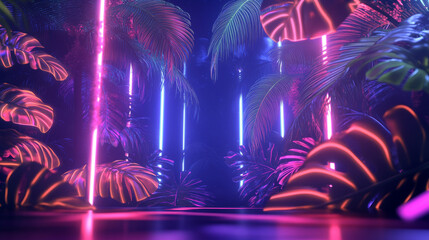 tropic summer party banner template. vector realistic illustration of neon light rectangle and exoti