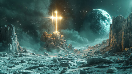 Wall Mural - cross is lit up in the sky above a rocky mountain. the sky is dark and stormy, with lightning bolts 
