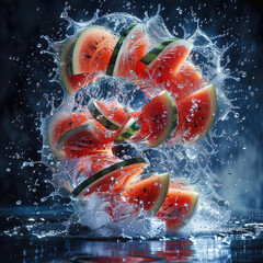 Canvas Print - Magical tornado of water, ice and watermelon pieces swirling around, glowing lights, dark background.