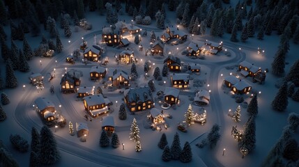 Poster - Cozy cottages glow warmly against the snow-covered landscape as soft snowflakes dance through the enchanted forest at golden hour