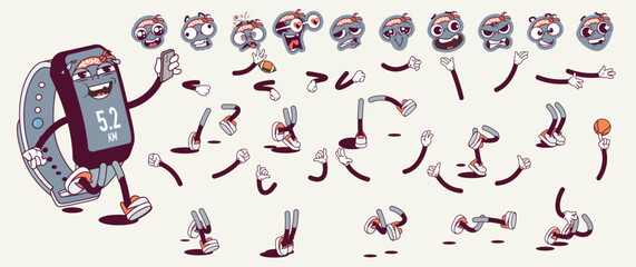 Wall Mural - Fitness bracelet cartoon character with groovy comic faces set. Funny mascot with bundle of smile, happy, cheerful, tired and other facial emotions, legs poses, hands gestures. Vector illustration.