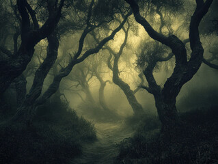 Wall Mural - A dark forest with trees that are twisted and gnarled