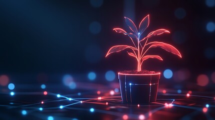 Wall Mural - Neon Plant With Bright Leaves Displaying Technology Elements in Digital Environment