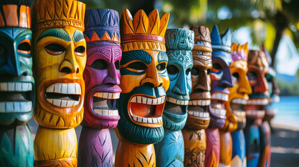 Tiki mask cartoon vector illustration set. Collection of brightly decorated colored wooden face elements of Hawaiian ethnic tribal peoples. Totem traditional decorative cultural statues of aborigines.