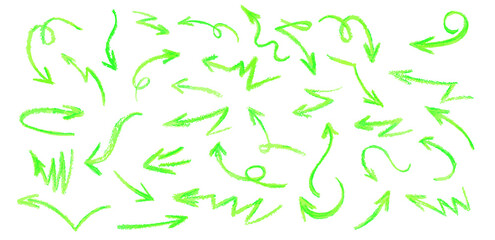 Wall Mural - neon green arrows set. wax crayon drawing grafitti elements in acid green color. collection of vecto