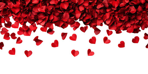 Wall Mural - Love valentine background with red petals of hearts falling down on transparent background. Festive banner, card, background. PNG image