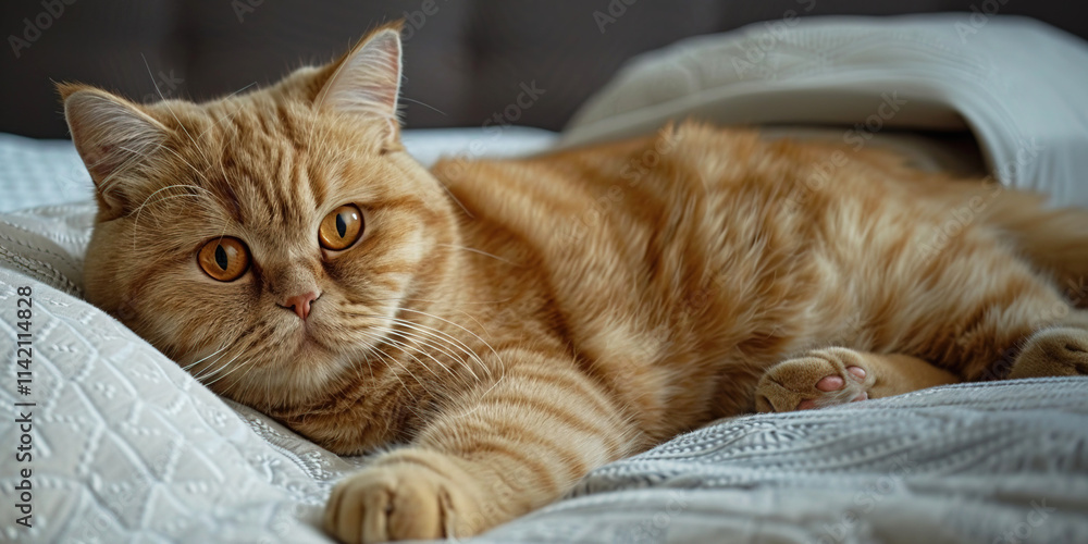 Exotic shorthair cat lounges comfortably on a cozy bed in a sunlit room ...