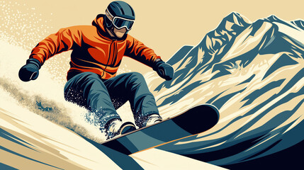 Wall Mural - snowboarder on a ski slope, skiing on ski resort, perfect ski resort, minimalist flat illustration, vector art poster, ski poster, Ultra-high resolution