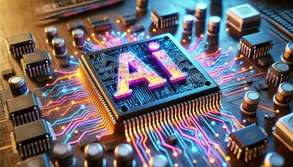 Poster - AI word on microchip and colorful light spread with strong beam	