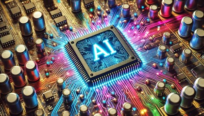 Poster - AI word on microchip and colorful light spread with strong beam	
