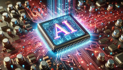 Poster - AI word on microchip and colorful light spread with strong beam	