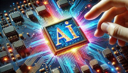 Poster - AI word on microchip and colorful light spread with strong beam	